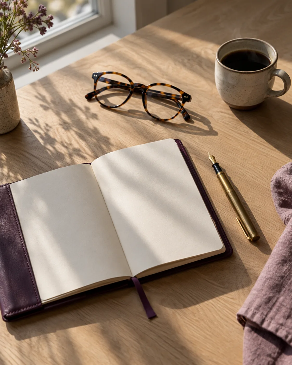 An open notebook, a fountain pen and reading glasses on a desk