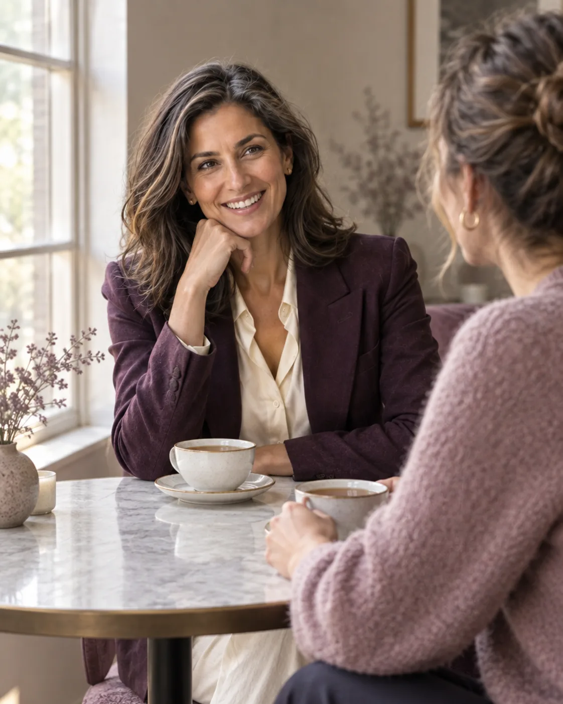 Margot Ives in conversation with a client over coffee
