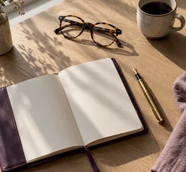 An open notebook and fountain pen on a desk